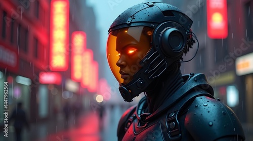 Futuristic cyborg in a rainy city. Best for sci-fi, technology, and gaming themes.