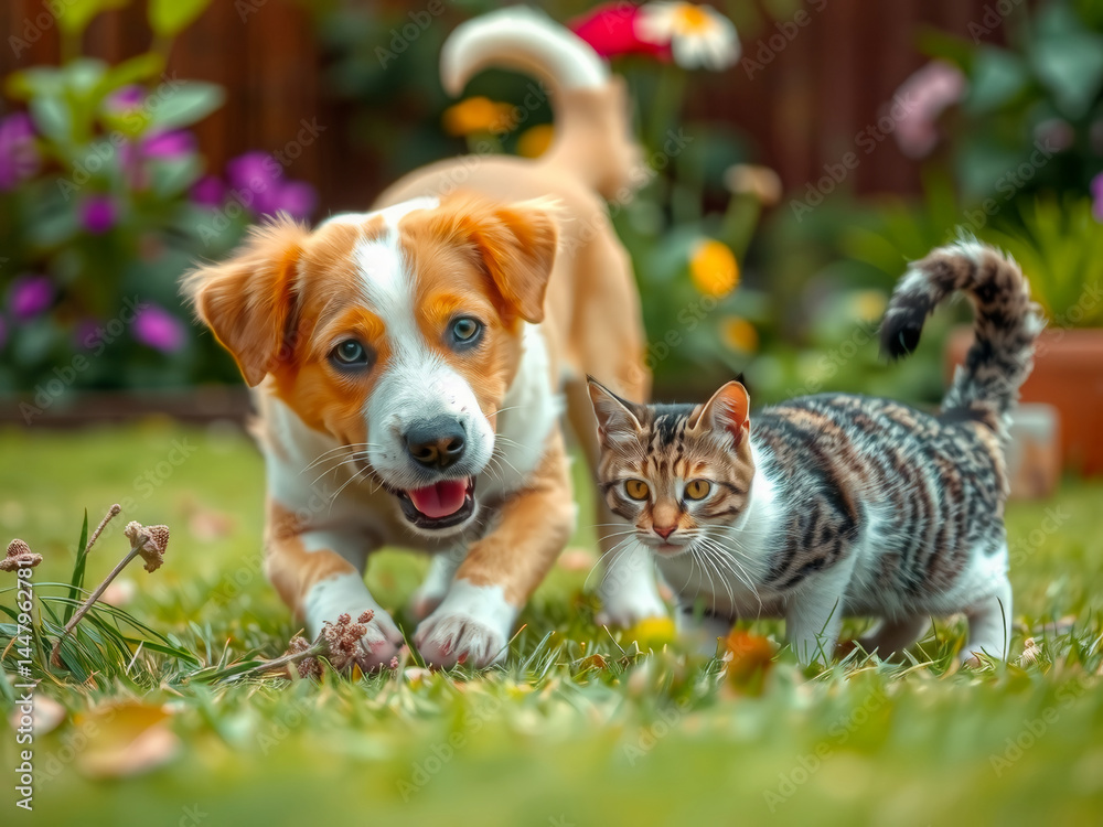A dog and a cat are playing together in a grassy area. The dog is running towards the cat, and the cat is looking at the dog with curiosity. The scene is playful and lighthearted