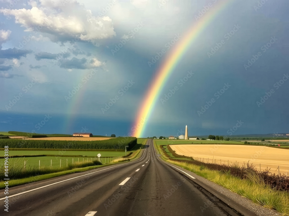 A rainbow is seen on a road in the countryside. The sky is cloudy and the road is empty