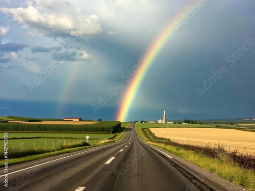 A rainbow is seen on a road in the countryside. The sky is cloudy and the road is empty