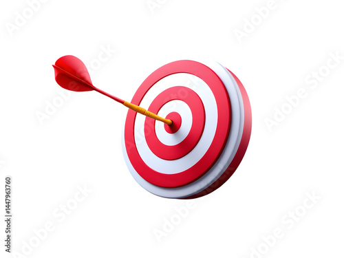 3D Red Dartboard Target Bullseye,dart hitting target,Bullseye Dart on Target Symbolizing Precision and Accuracy, Dart in the center of dartboard on white background