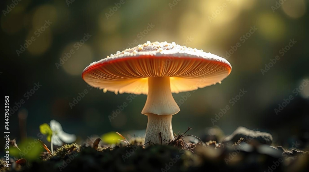 Fototapeta premium Enchanted Amanita Mushroom: A Sunlit Forest Scene