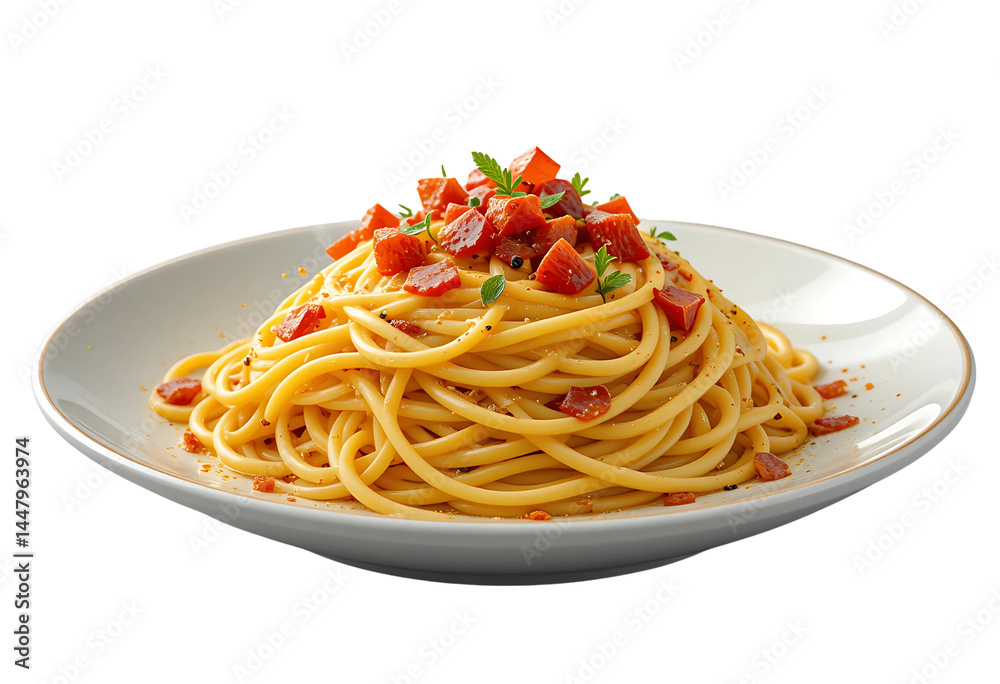 A photorealistic 3D render of spaghetti carbonara with crispy pancetta and a creamy egg yolk sauce, steam gently rising, with a transparent background. A photorealistic 3D render of spaghetti carbonara with crispy pancetta and a creamy egg yolk sauce, steam gently rising, with a transparent background.