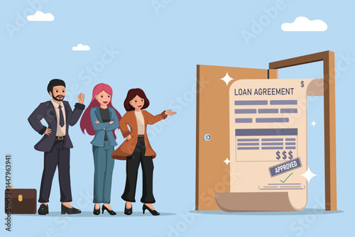 Loan Agreement Approval Happy Borrower Receiving Funds After Successful Loan Application with Signed Contract and Open Door.