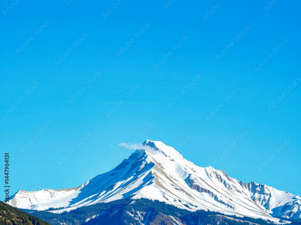 A mountain covered in snow with a blue sky in the background. The mountain is tall and majestic, and the sky is clear and bright. Concept of awe and wonder at the beauty of nature