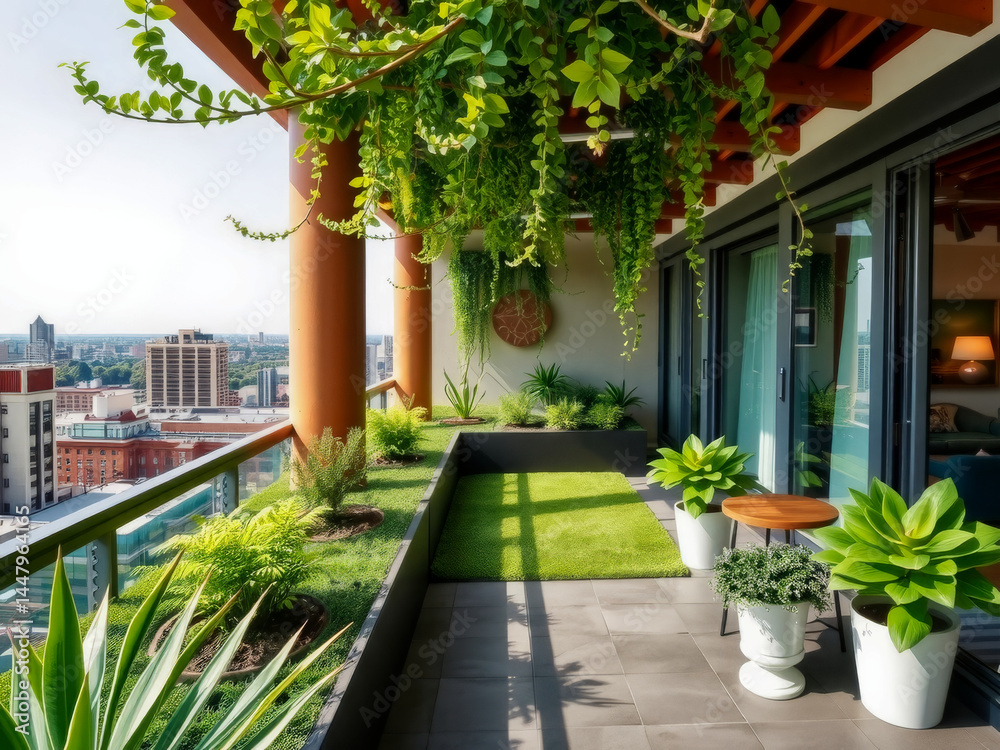 A balcony with a view of the city and a lush green garden. The garden is filled with potted plants and a few trees. The patio is decorated with a variety of potted plants and a few vases