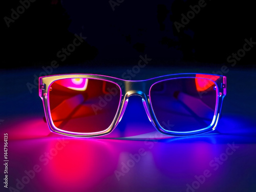 A pair of glasses with a blue and red lens. The glasses are on a table and the colors are bright and vibrant