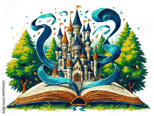The magic book from which the fairy-tale castle in the forest pixel art appears. Minimalist eight-bit computer graphics. White isolated background. Vector graphics. EPS.