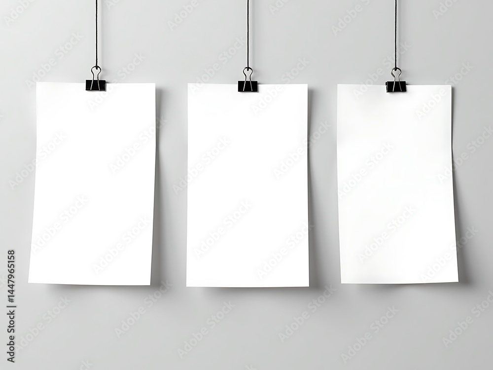 Three Blank White Poster Mockup Hanging From Clips Against A Gray Wall, Creative Design Presentation Display Three Blank White Poster Mockup Hanging From Clips Against A Gray Wall, Creative Design Presentation Display