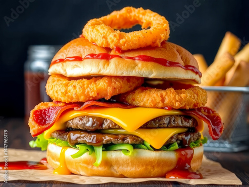 Obraz na płótnie A burger with a large onion ring on top and a side of fries. The burger is covered in ketchup and mayonnaise w salonie