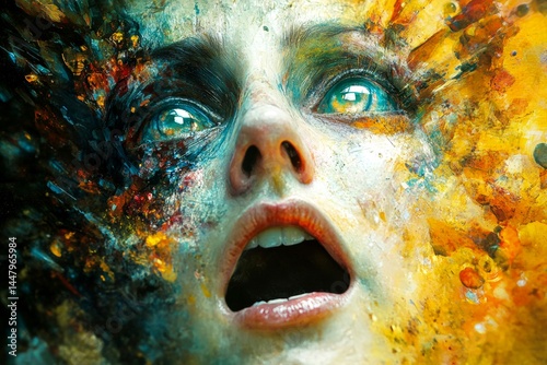 Obraz na płótnie Metaphorical opioid withdrawal perceptions of a mental illusion. Dreamlike scene. Brain fog. Hallucination - due to opioid withdrawal: abstract image of health condition. Weird images in min. w salonie