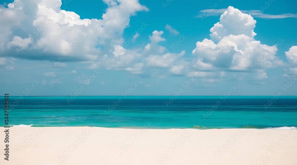 Tranquil Beach Scene With Turquoise Water, White Sand, And Puffy Clouds Under A Bright Blue Sky, Peaceful Coastal Getaway, Summer Season Tranquil Beach Scene With Turquoise Water, White Sand, And Puffy Clouds Under A Bright Blue Sky, Peaceful Coastal Getaway, Summer Season