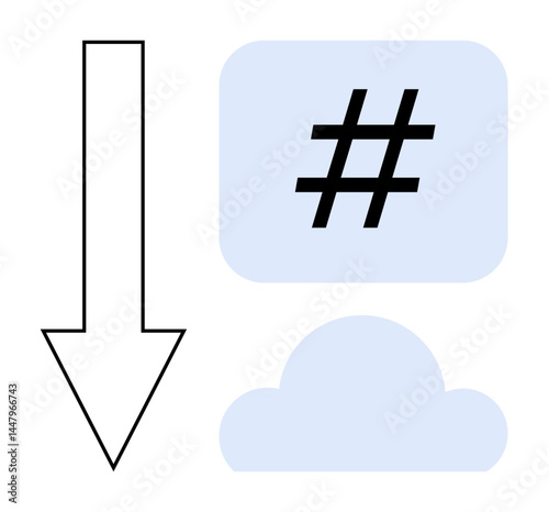 metadata tag in blue speech bubble, cloud silhouette, and bold downward arrow. Ideal for topics thumbs up social media, communication, networking, data sharing, cloud technology, trending topics or