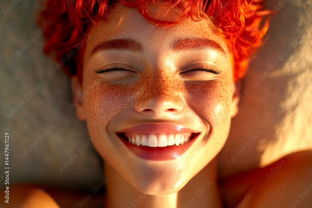 Commercial commercial visual idea pattern. Short hairdo - red hair. Lovely happy mixed-race girl - for ads, poster and digital use. Fashion hair advertising. Fashion advertising trends.