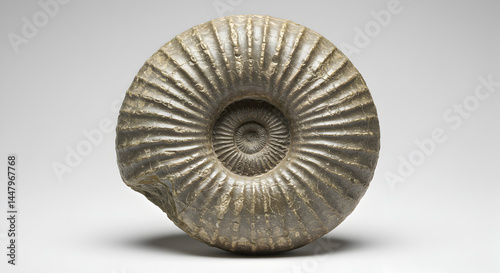 Detailed Ammonite Fossil Specimen Exhibiting Intricate Spiral Patterns in Paleontology on Neutral Background