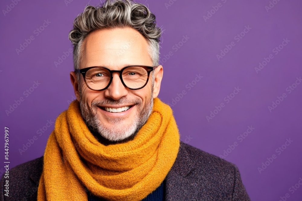 A modern man in his 40s with a stylish appearance. Conceptual art of style for aging men. Purple solid background. Elegant men's wavy bob haircut - midlife white man with grey hair.