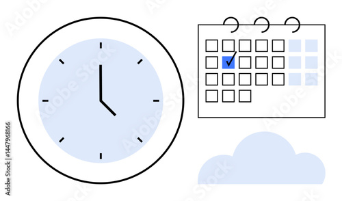 Analog clock, calendar with marked date, and cloud highlight time tracking, scheduling, and organization. Ideal for productivity, planning, goals, deadlines appointments projects flat simple