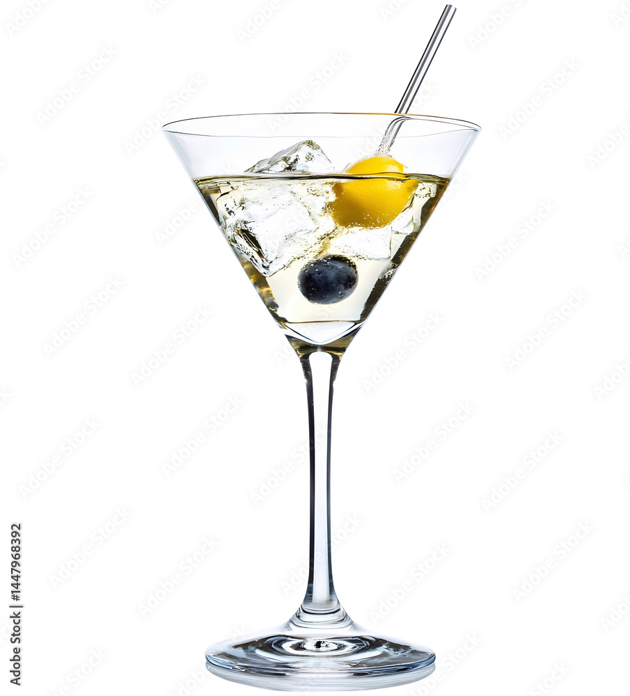 martini cocktail glass cold and olive, isolated background, dicut picture, PNG file.