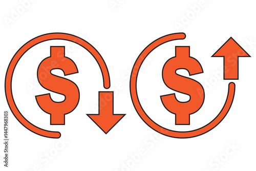 Money increase or decrease icon set. dollar decrease increase symbol. profit and lose signs.