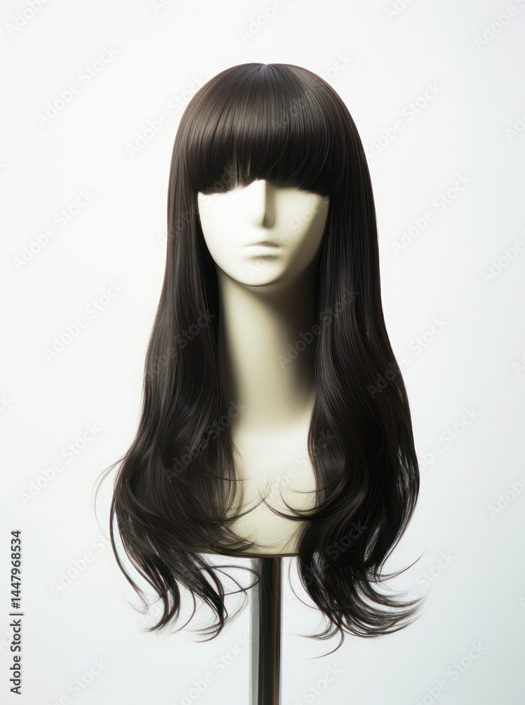 Fototapeta premium Long straight black wig displayed on a mannequin on white background, front view.