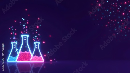 Neon science flasks with glowing liquids and particles. Modern chemistry concept. Best for tech, education, and innovation visuals.