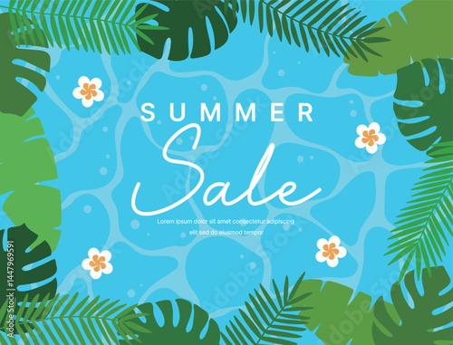 Vibrant tropical summer sale design with a blue water background, lush green leaves, and colorful floral accents. Perfect for seasonal promotions, retail advertisements, and festive event marketing.