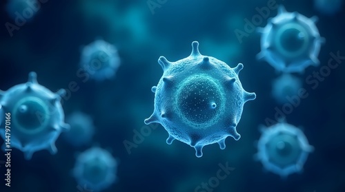 3D render of viral cells on a dark blue background. Best used for illustrating medical or scientific concepts related to viruses and infections.