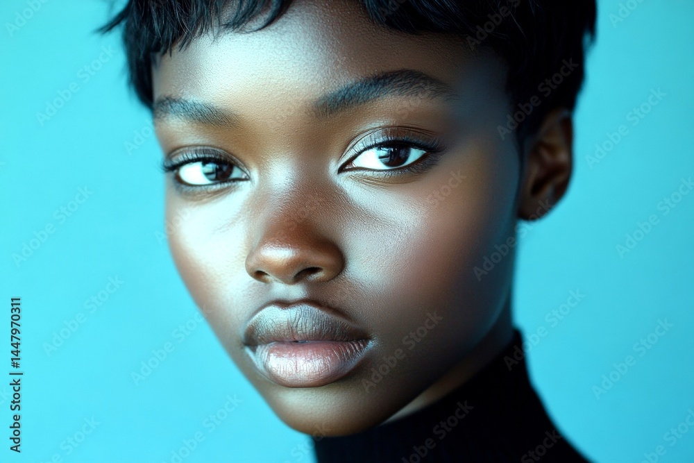 Commercial marketing artwork art. Gorgeous calm black girl - for ads, poster and web marketing promotion use. Short hairdo - highlighted hair. Black beauty commercial. Black girl fashion icon.