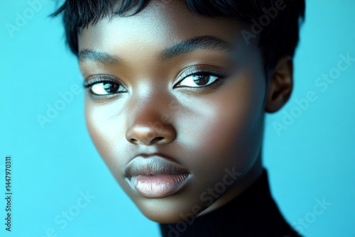 Obraz na płótnie Commercial marketing artwork art. Gorgeous calm black girl - for ads, poster and web marketing promotion use. Short hairdo - highlighted hair. Black beauty commercial. Black girl fashion icon. w salonie