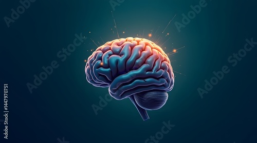 Human brain illustration with glowing neural activity. Ideal for science, medicine, technology, and education projects.