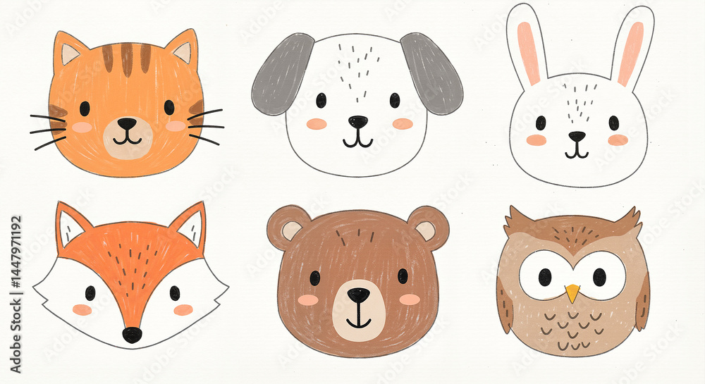 Animal face icons drawn in pencil style for children’s books, preschool games and creative stickers Animal face icons drawn in pencil style for children’s books, preschool games and creative stickers