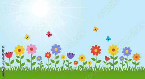 Colorful flowers and butterflies in a sunny meadow, perfect for springtime cards
