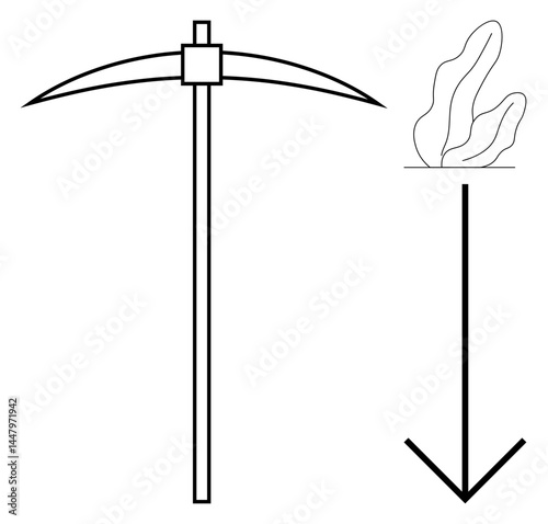 Pickaxe symbolizing mining, plant sprouting above, and arrow pointing underground. Ideal for mining, environment, sustainability, geology, resource extraction, exploration simple landing page