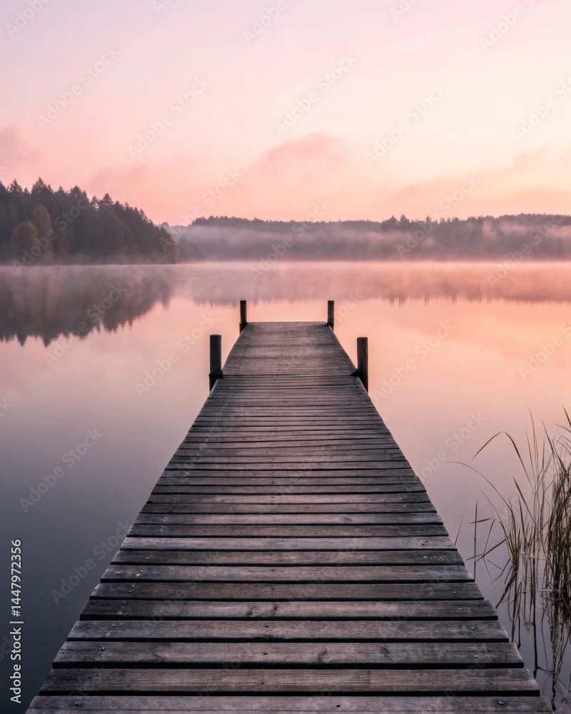 Naklejka premium Serene sunrise over foggy lake old wooden dock perspective nature photography calm water reflection tranquil environment