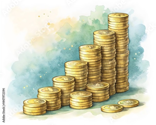 Golden coins stacked in a rising graph against a watercolor background. The image depicts growth and prosperity.