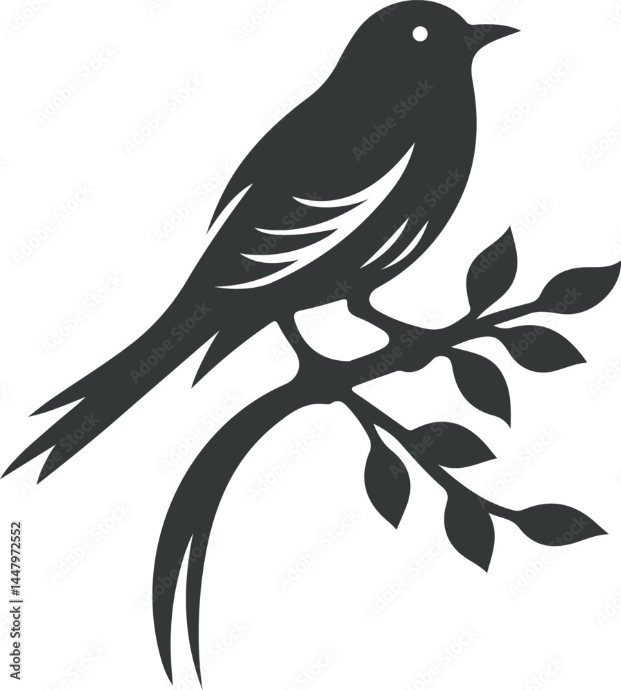 Fototapeta premium Black bird sitting on tree branch icon illustration, vector silhouette of a bird.