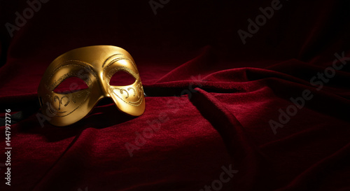 Gold masquerade mask on red fabric, for theater, performance, or party invitation
