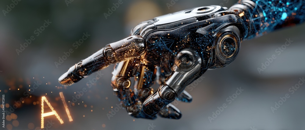 Fototapeta premium Dark chrome robot hand reaching for ai hologram in digital network