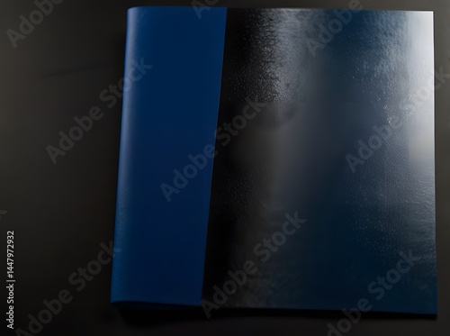 A sleek, dark blue notebook or journal standing upright against a blurred black background.

