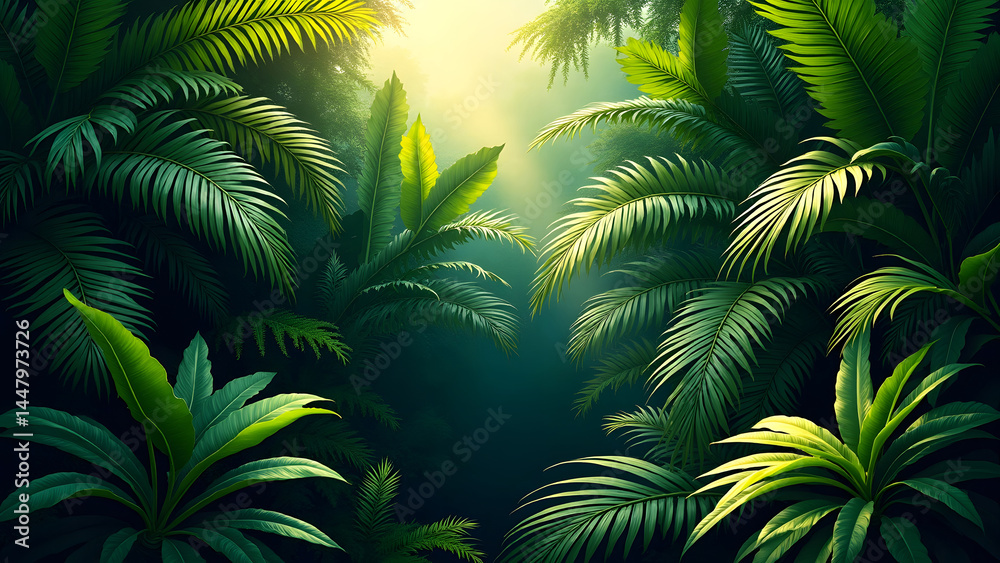 Fototapeta premium tropical foliage background overflowing with an abundance of green palm leaves, monstera, banana plants, ferns, and philodendron.