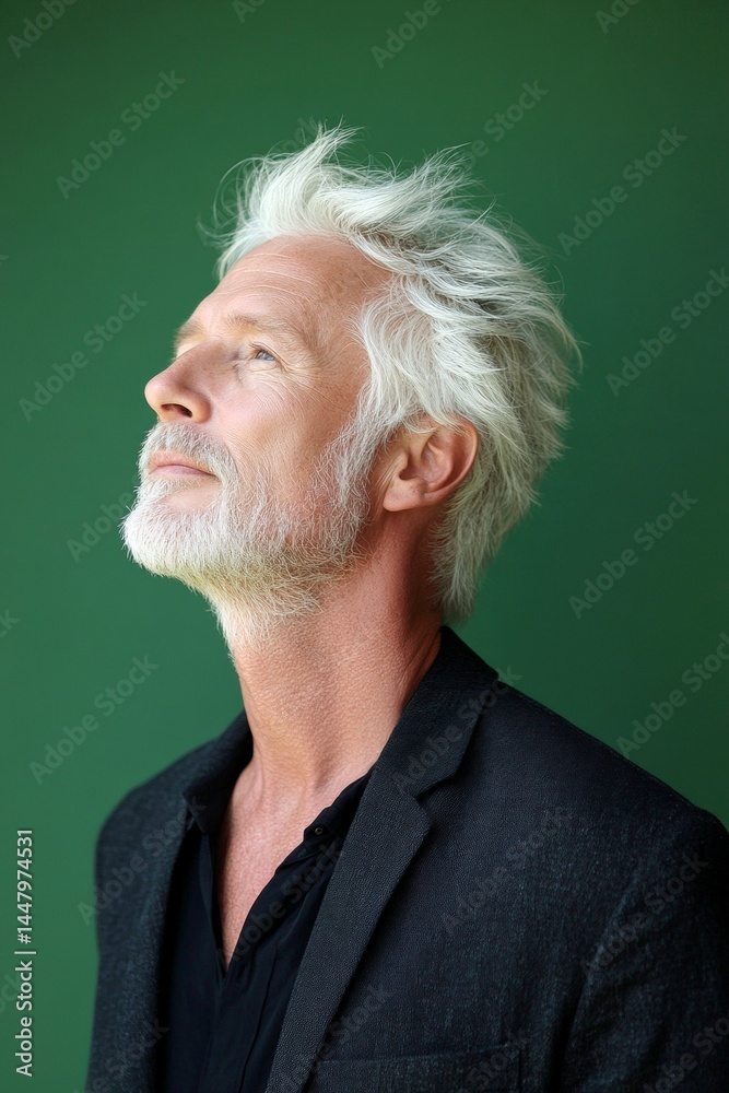 Fototapeta premium Concept art idea design of style for aging men. Elegant men's shoulder-length taper haircut - midlife white man with white hair. A happy man in a studio photo. Green solid background.