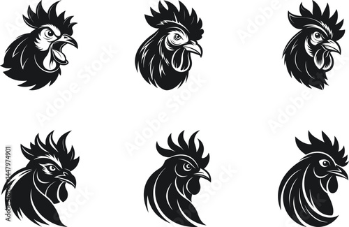 Monochrome Rooster Head Vector Silhouettes Collection Of Poultry Farm Animals Illustration