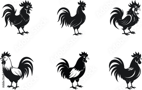 Rooster Silhouette Set Vector Illustration Farming And Agriculture Design Elements
