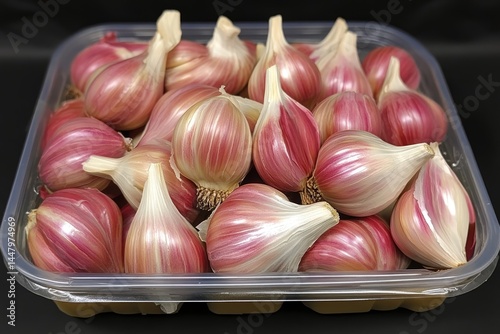 Fresh garlic heads in a plastic container