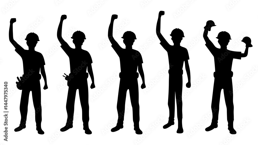 Fototapeta premium Featuring construction workers with raised fists in celebratory poses