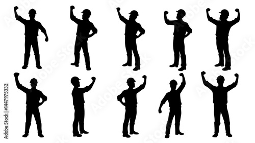 Featuring construction workers with raised fists in celebratory poses
