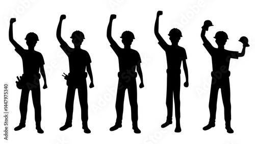 Featuring construction workers with raised fists in celebratory poses