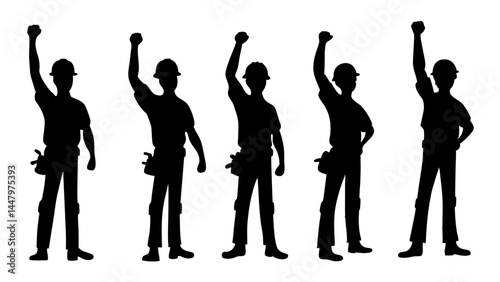 Featuring construction workers with raised fists in celebratory poses