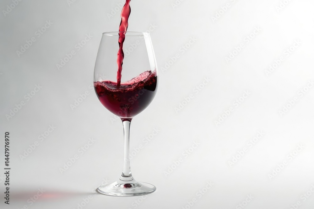 Rich red wine poured into a glass, crisp white backdrop, still life, liquid Rich red wine poured into a glass, crisp white backdrop, still life, liquid