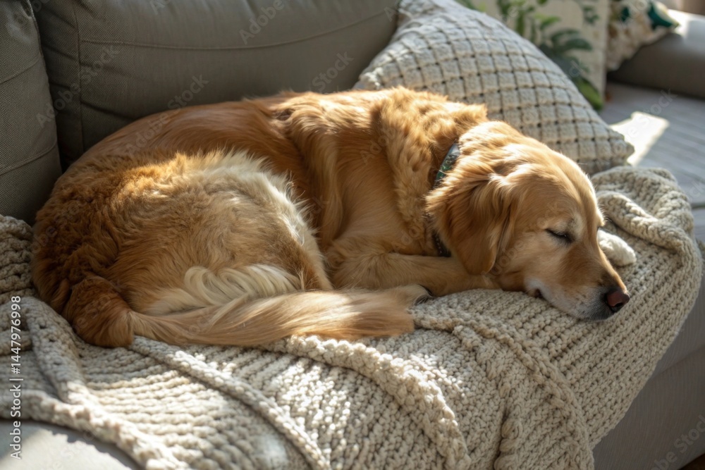 Obraz premium Sleeping dog on a cozy blanket in a sunlit living room warm and inviting atmosphere captured from a relaxed angle